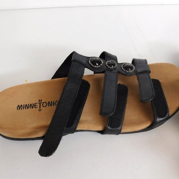 Minnetonka Leather Sandals Black Slip-On 3 Straps Women's Size 6 Adjustable - Picture 3 of 8